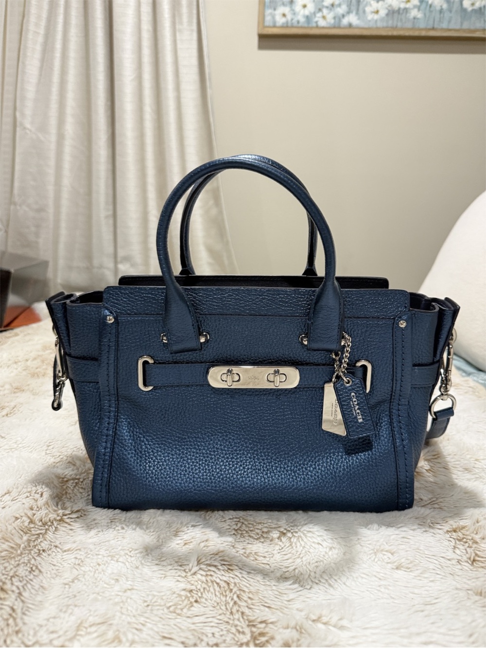 Coach Swagger 27 Metallic Navy Pebbled Leather Satchel Crossbody – Discontinued